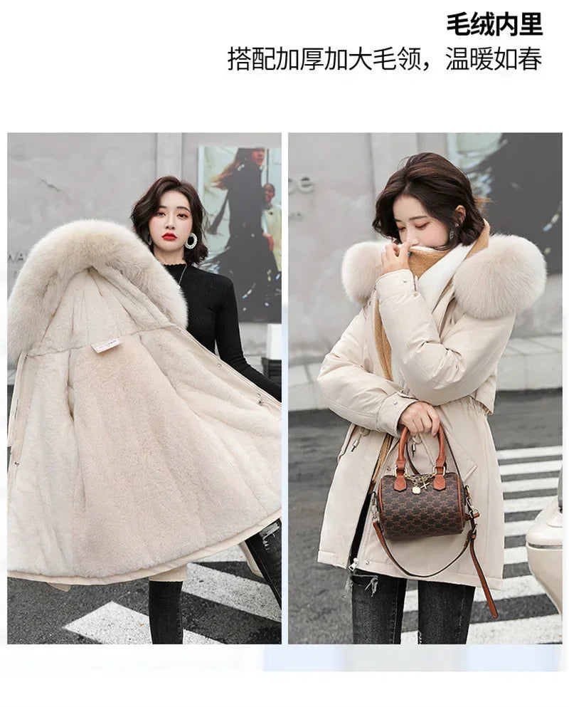 Winter Coat Low Price On Sale Women Beige Add Wool Thick Warmth Fur Hooded Parkas Jacket 2026 New Fashion Belt Slim Cotton Coat