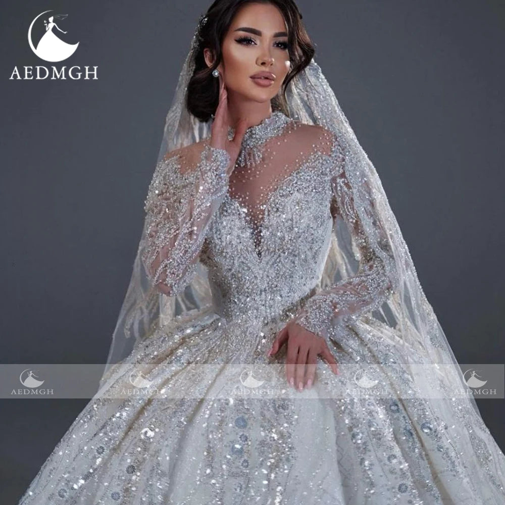 Aedmgh Ball Gown Luxury Wedding Dresses High Neck Long Sleeve Vestido De Novia Lace Sequined Princess Custom Made Bridal Gowns