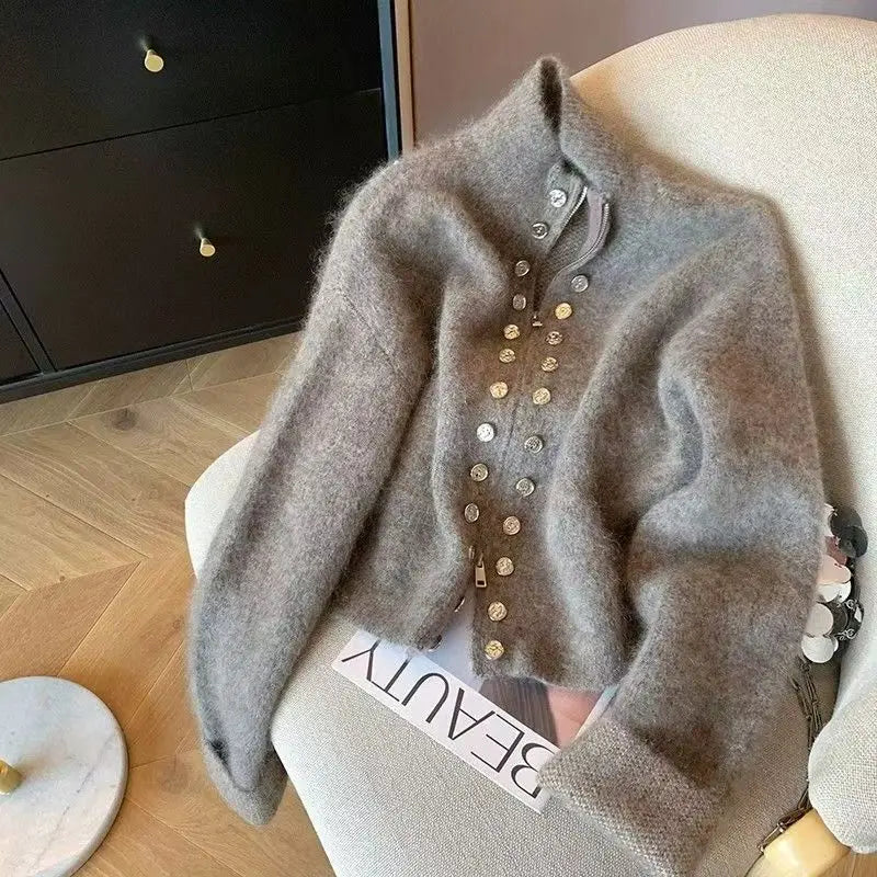 Luxury Fluffy Knitted Cardigans Sweater Design Double Breasted Sweater Coat Women Autumn Winter High-end Lazy Zipper Knit Top