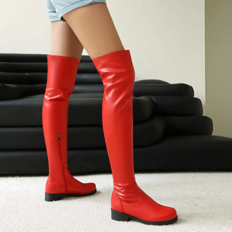 Elastic Women's Thigh High Boots Comfortable Low Heels Over-the-knee Boot Black Red White Long Fetish Shoes Ladies Large Size 48