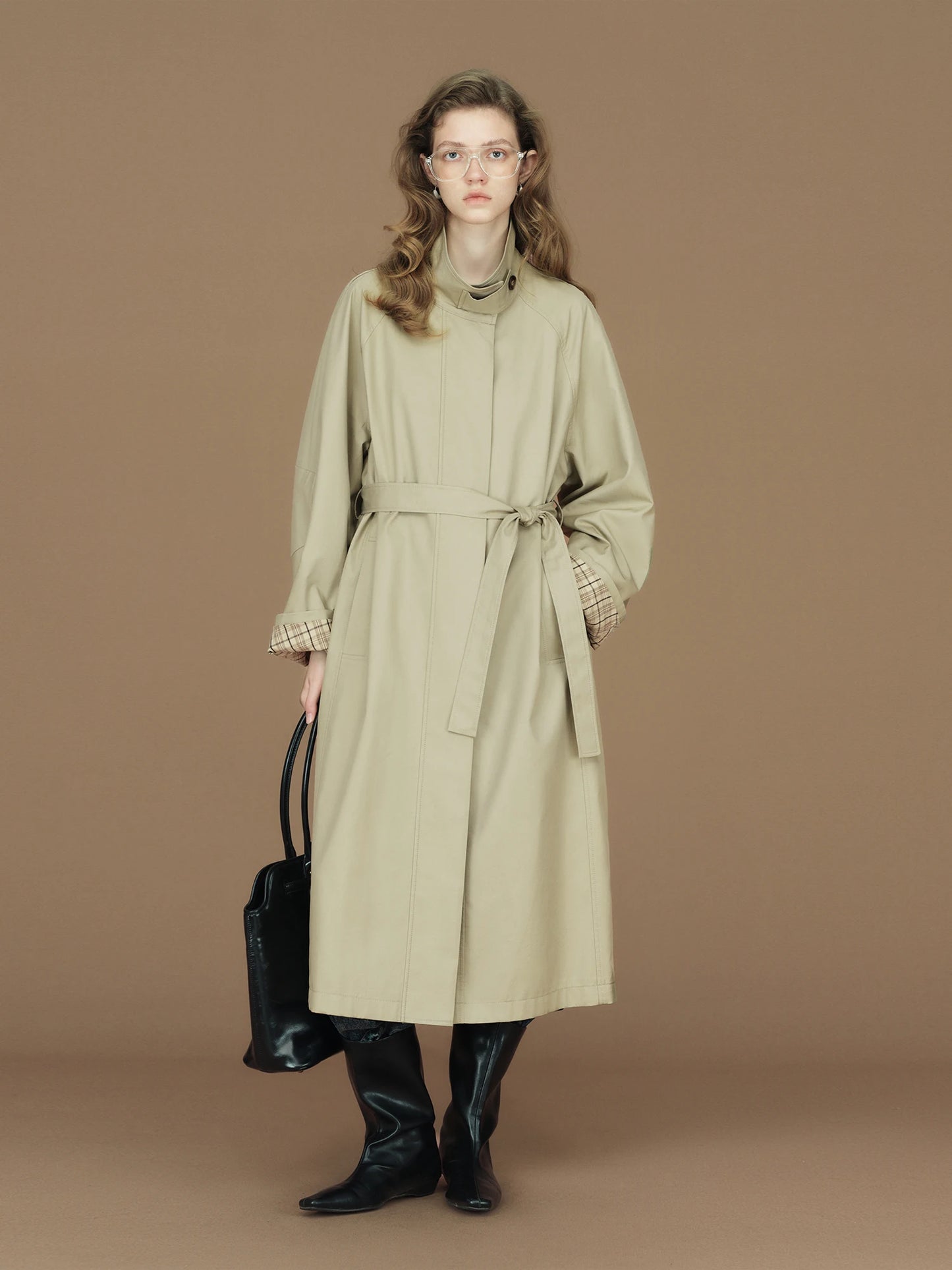 FSLE 2026 Womens British Trench Coat Contrast Cuff Stand Collar Heritage Workwear Style Pink Black Khaki Short Long Trench Coat