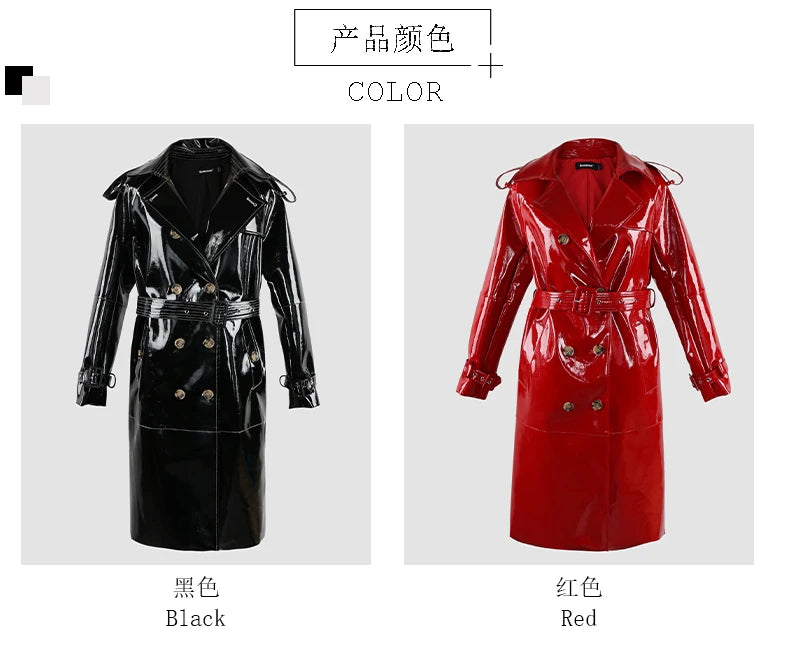 Nerazzurri Autumn Long Shiny Black Red Patent Pu Leather Trench Coat for Women Belt Double Breasted Luxury Designer Clothes 2023