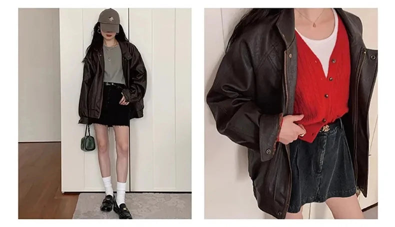 Lautaro Autumn Cool Brown Oversized Leather Jacket Women Drop Shoulder Long Sleeve Zippper High Quality American Retro Clothing