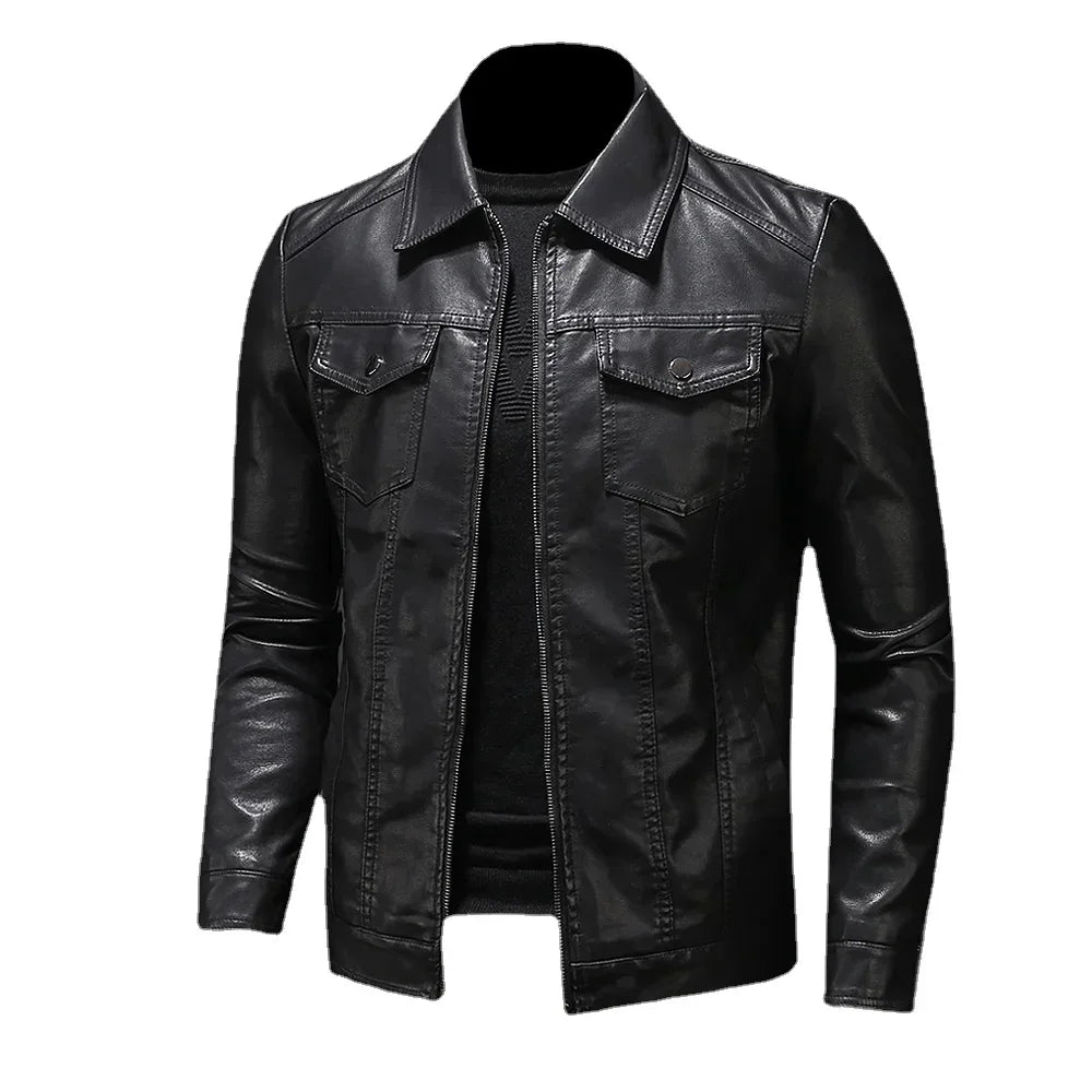 Men's Motorcycle Leather Jacket Large Size Pocket Black Zipper Lapel Slim Fit Male Spring Autumn High Quality PU Coat