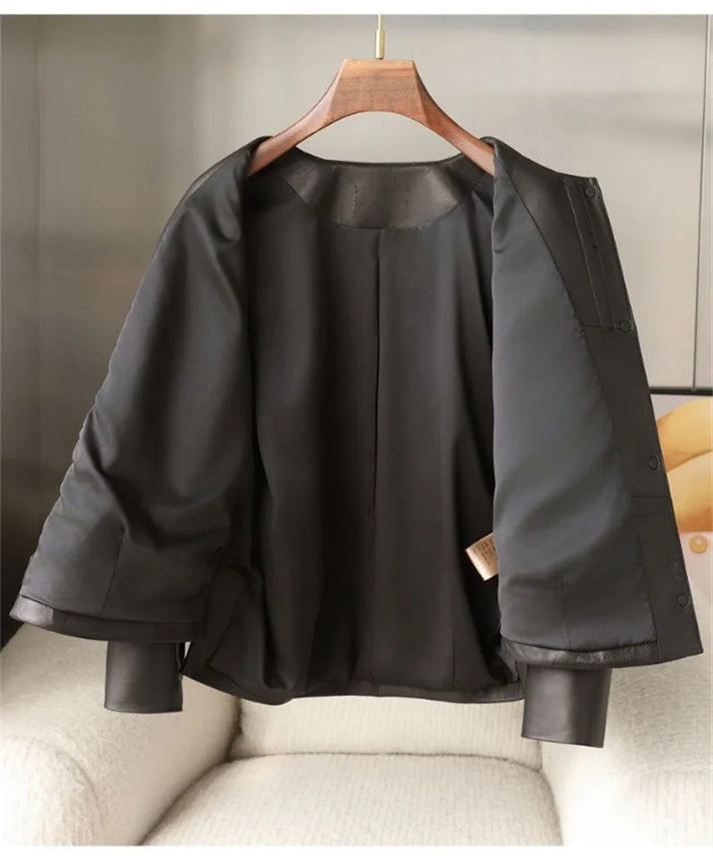 Orange Black Leather Jacket Spring Autumn Coat 2026 New Women's Leather Coat Round Neck Lantern Sleeves PU Leather Outerwear