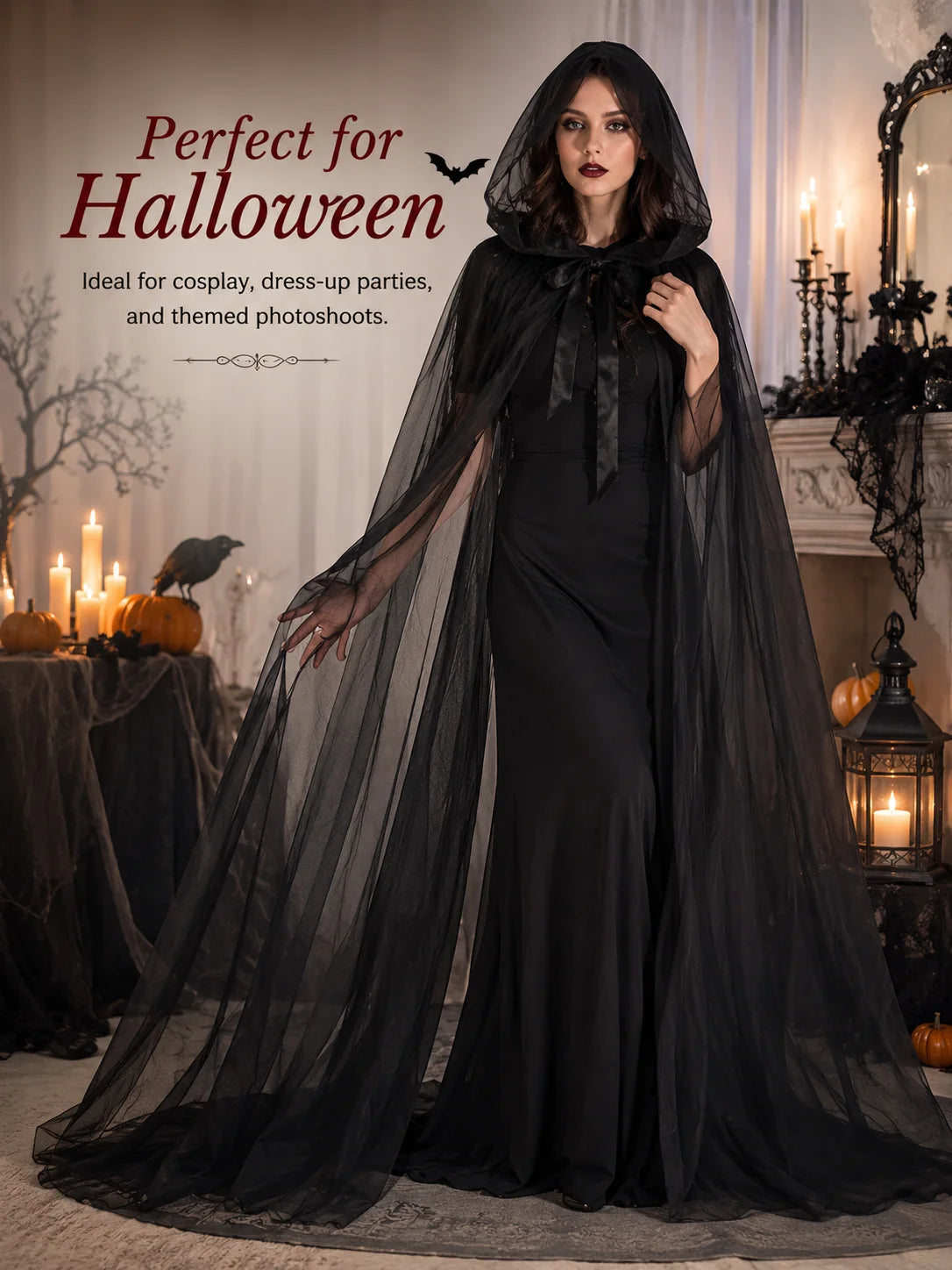 Sheer Tulle Hooded Full‑Length Cape for Women, Lightweight Flowy Gothic Cloak with Neck Tie, Halloween Witch Vampire Cosplay Costume Accessory for Fancy Dress Party Photo Shoot