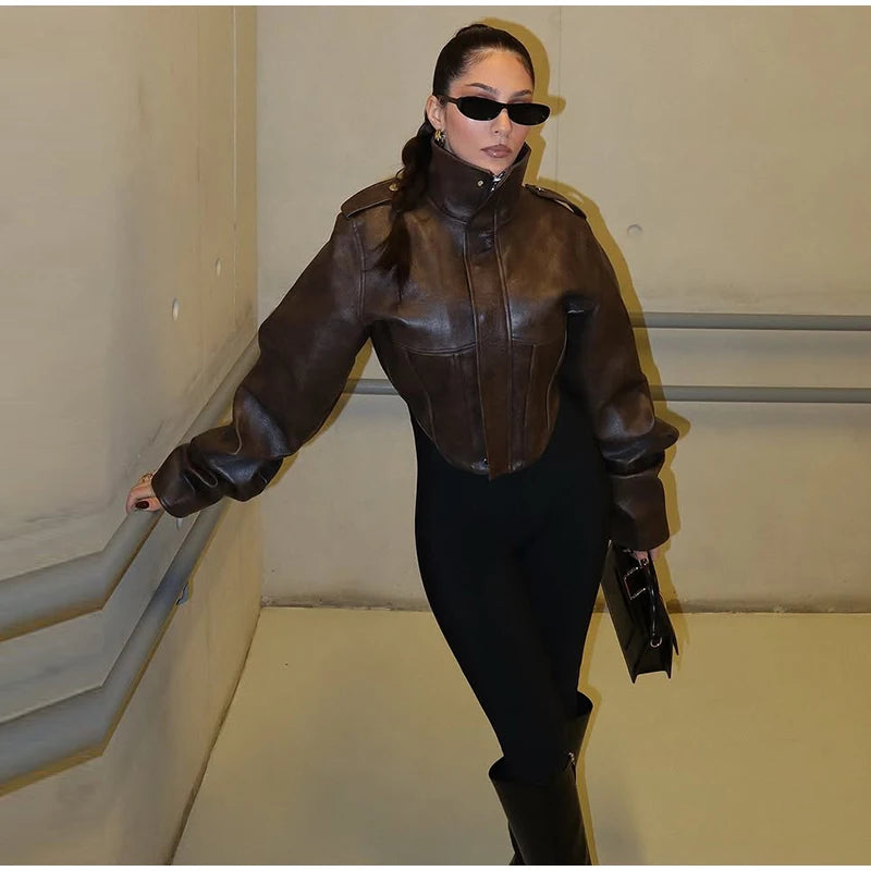 Street Women's Cropped Leather Jacket Slim Stand Collar Long Sleeve Zipper Irregular Hem Coat 2026 Autumn Lady Chic Otwear