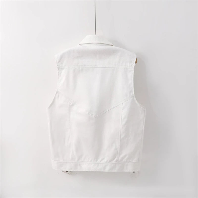 2025 New Women's Denim Tank Top Jacket Fashion Spring Summer Zipper White Sleeveless Tank Tops Female Jeans Coat