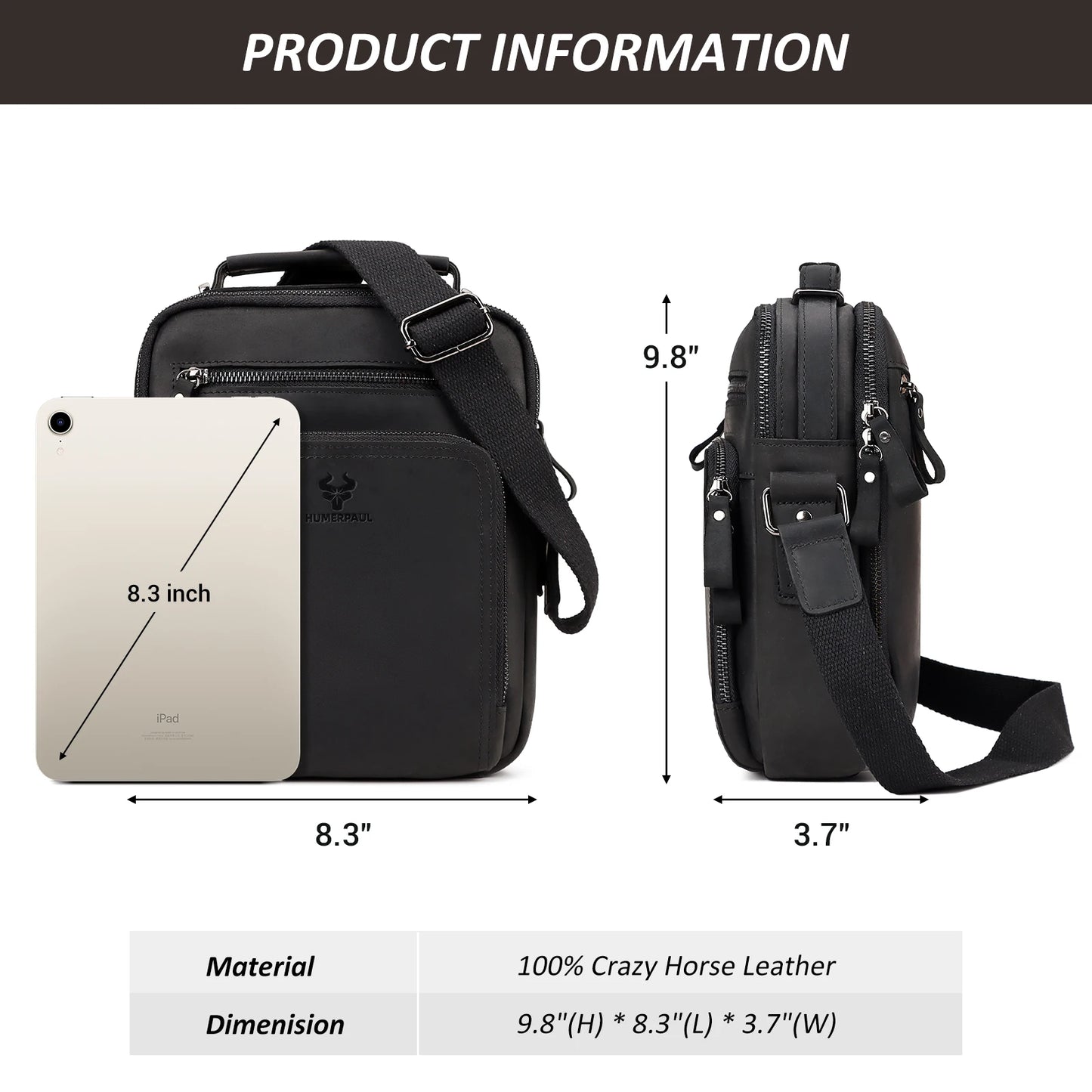 HUMERPAUL Men's Cowhide Shoulder Bag Casual Crossbody Bags Full Grain Leather Multifunctional Ipad Messenger Handbag Quality