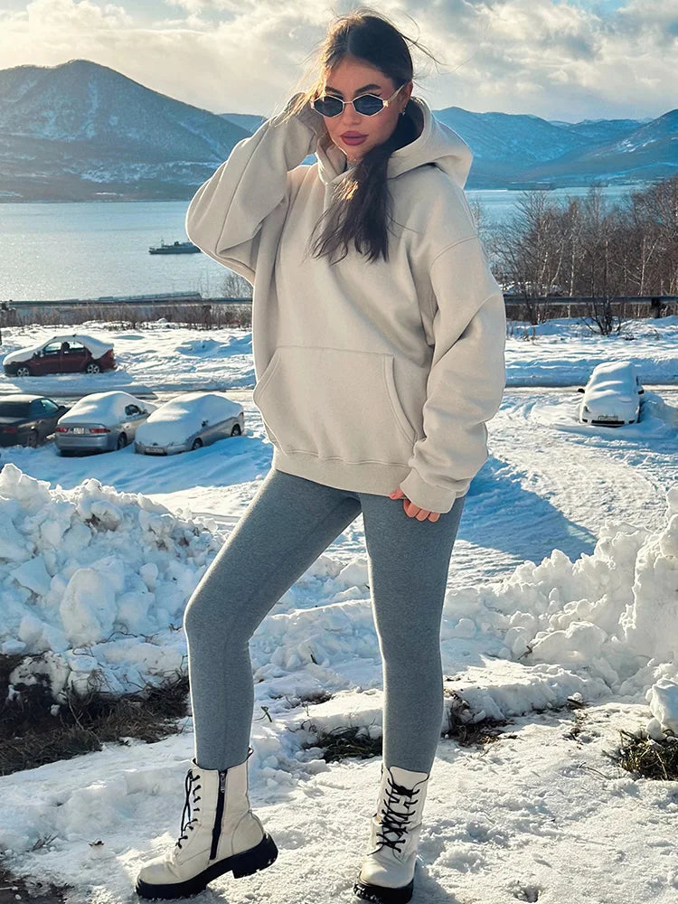 Winter Warm Hoodies Oversized For Women With Fleece Inside Yellow Thick Sweatshirts With Hooded Women Pink Hoodies Velvet Winter