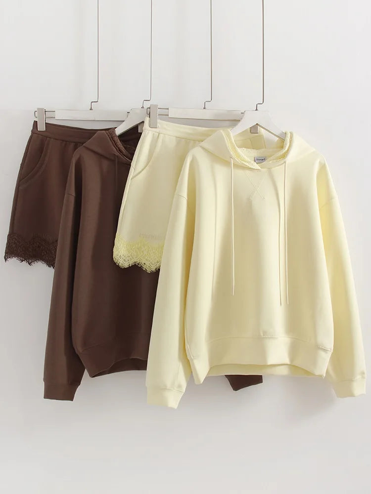 Streamgirl Brown Hoodies With Lace Women Oversize Plain Spring Elegant Butter Yellow Hooded Sweatshirts For Women Oversized