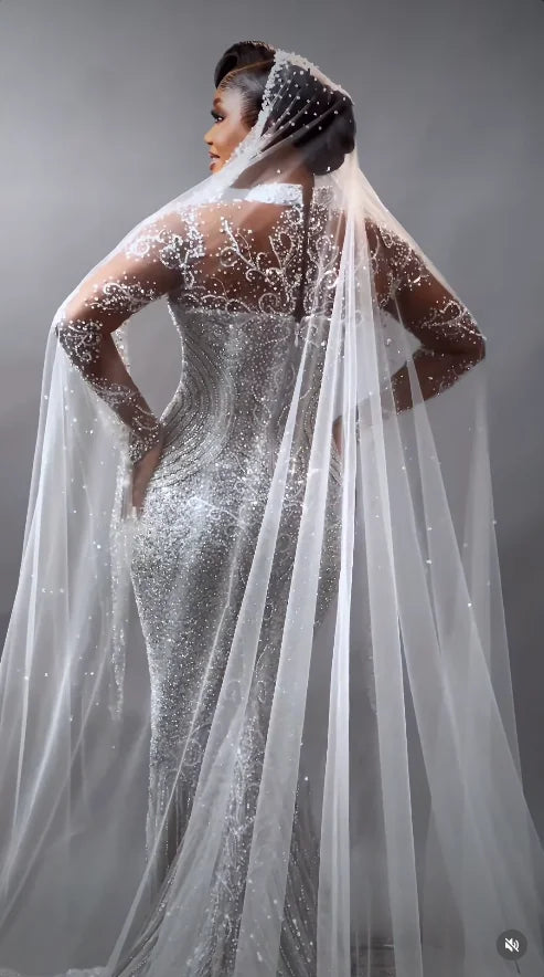 High Neck Sheer Long Sleeve Rhinestone Mermaid Wedding Dress Deep V Illusion African Bridal Gown Vestido De Novia Customized