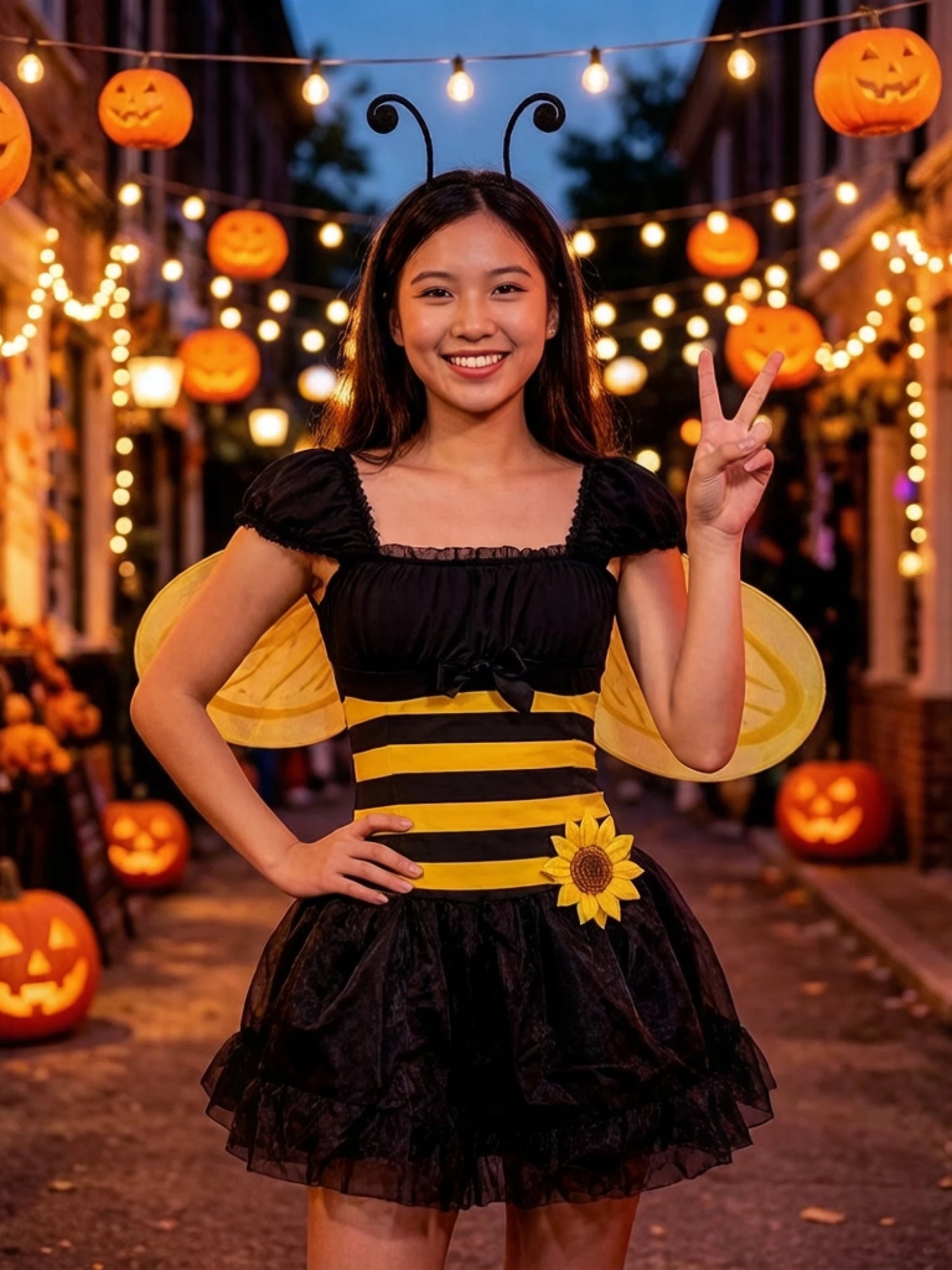 Women Bubble Bee Costume Striped Mini Tulle Dress Wings and Antenna Headband Set of 3 for Halloween Cosplay Party