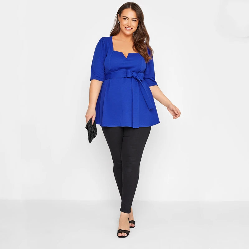 Plus Size Notch Neck Summer Spring Elegant Peplum Top Women Belt Waist 3/4 Length Puff Sleeve Formal Work Office Fashion Blouse