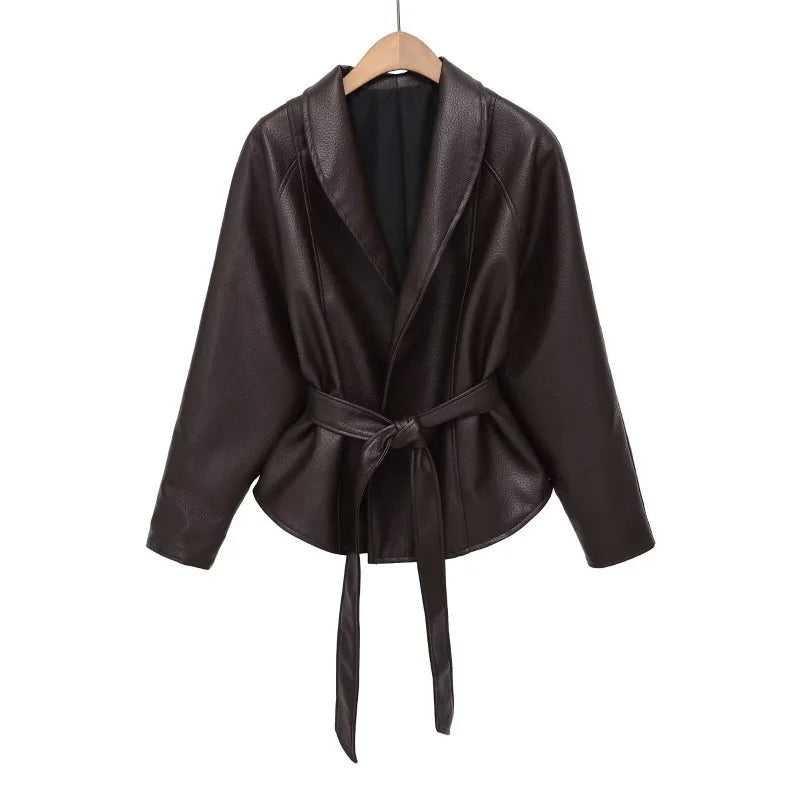 Women 2026 Spring Autumn New Hot Selling Solid Color Belted Slim Fit Faux Leather Jacket Coat Fashion Trendy Chic Outerwear Best