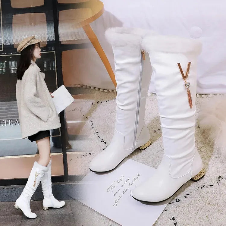 Winter Warm Knee High Boots Women Platform Wedges High Heels Snow Boots Slip on Winter Ladies Shoes White Black Pink 2025