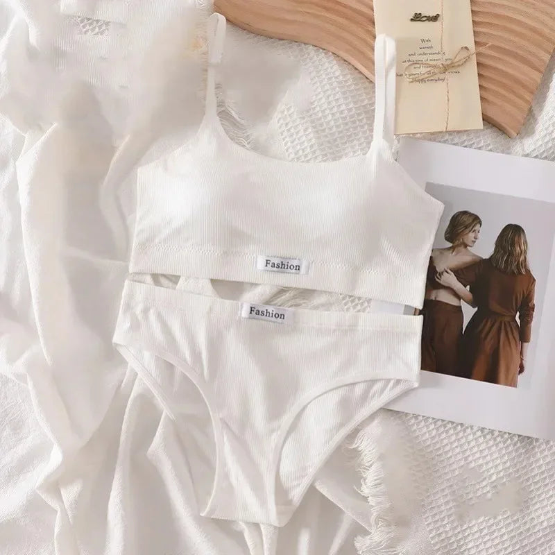 Women Cotton Seamless Bras Set Low Waist Panties Wire Free Tube Top Bra Sexy Lingerie Set Female Comfort Sports Underwear Set