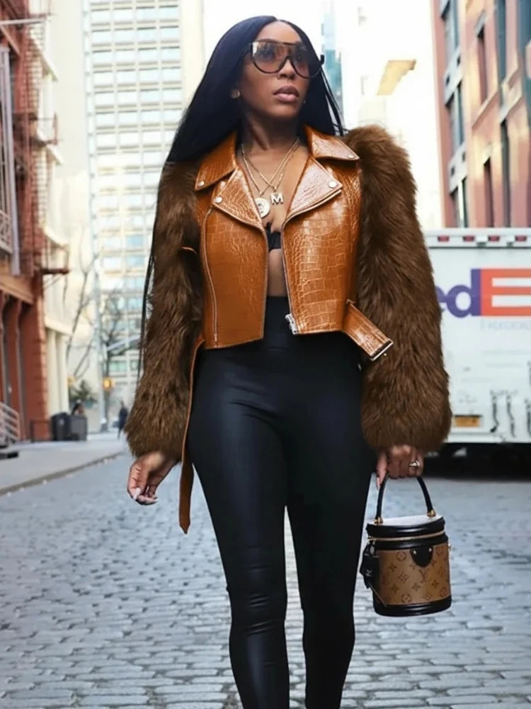 Leosoxs Winter New Sexy Fur Leather Patchwork Jacket for Woman Motorcycle Lapel Zipper Crop Coat  Female Streetwear Clothing