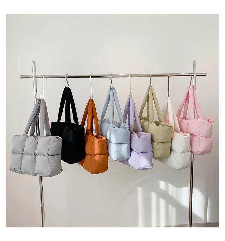 Women Tote Handbags Quilted Plaid Bag Retro Trendy Checkered Waterproof Shoulder Bag Solid Color Winter Soft Large Capacity Bags
