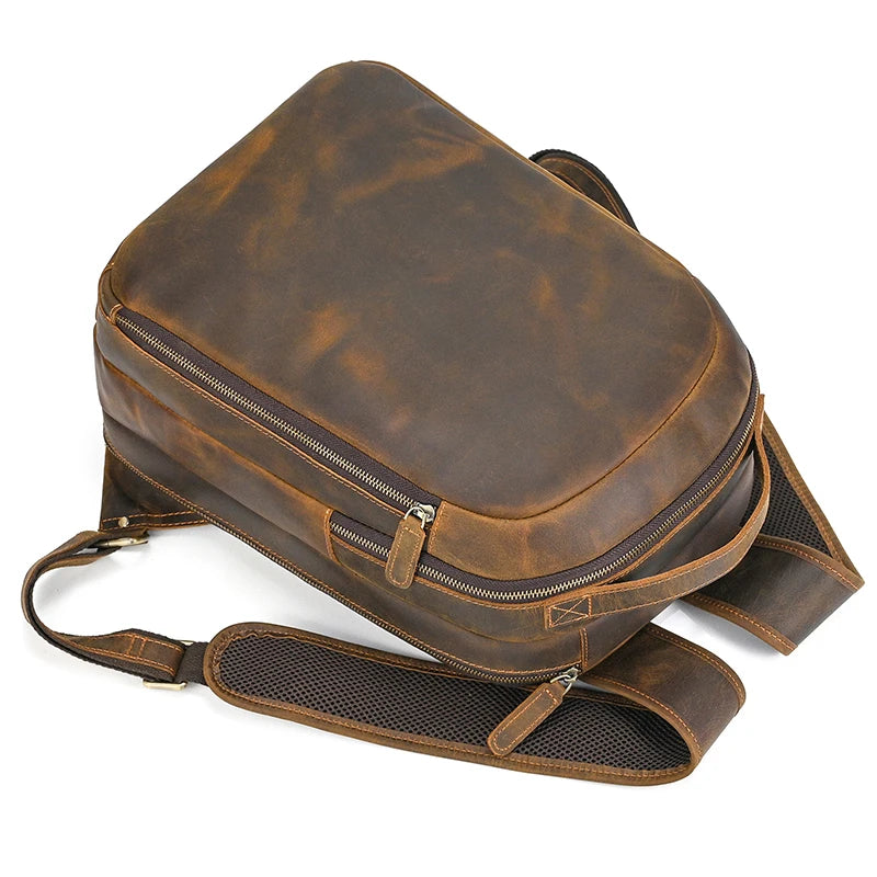 Luufan Men's Retro Crazy Horse Leather Backpack Brown Genuine Leather Rucksack Brown 14 Inch Laptop School Bag