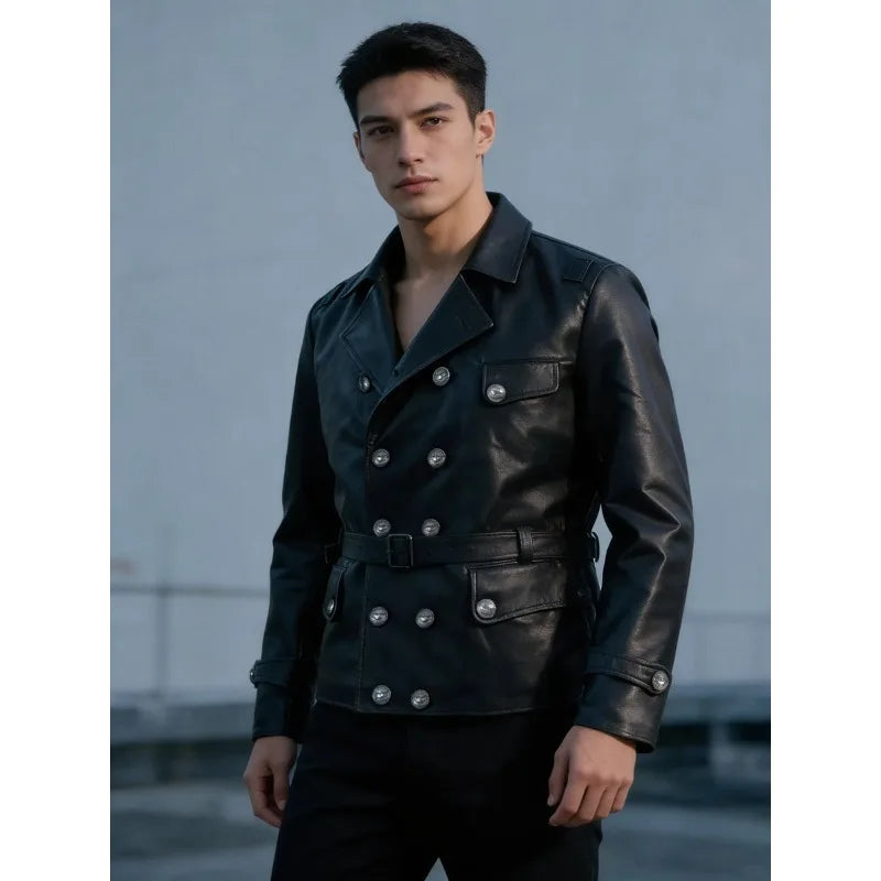 Mens English Gothic Black Leather Trench Coat Military Officer Classic