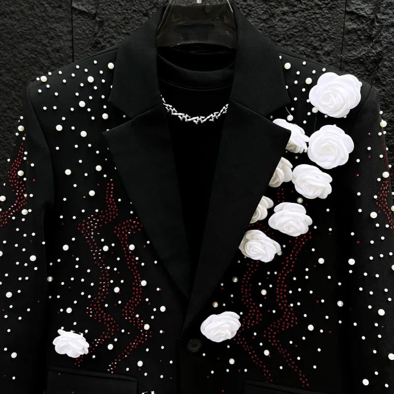 WVGA Spring Autumn New Man Tide Heavy Pearl-studded Trendy Three-dimensional Flower Blazers Niche Chic Casual Jackets Ins W22622