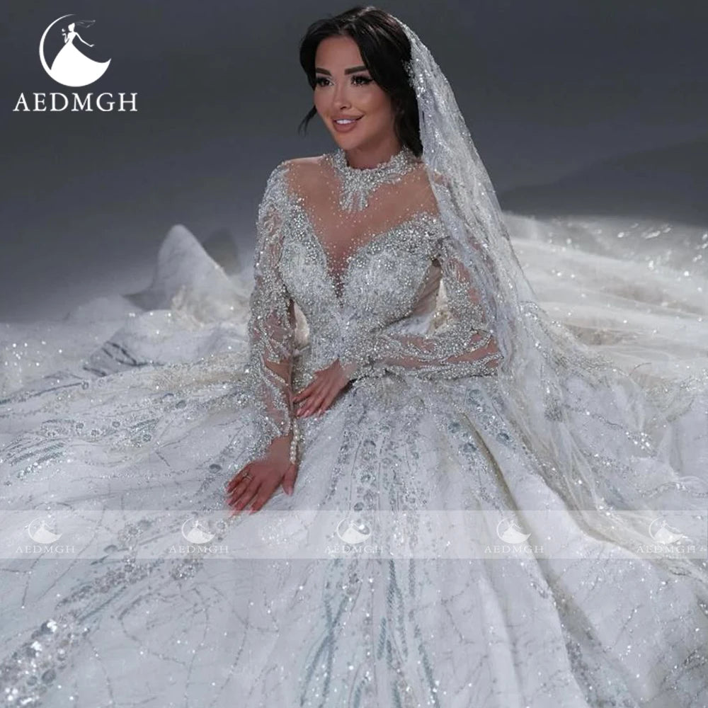 Aedmgh Ball Gown Luxury Wedding Dresses High Neck Long Sleeve Vestido De Novia Lace Sequined Princess Custom Made Bridal Gowns
