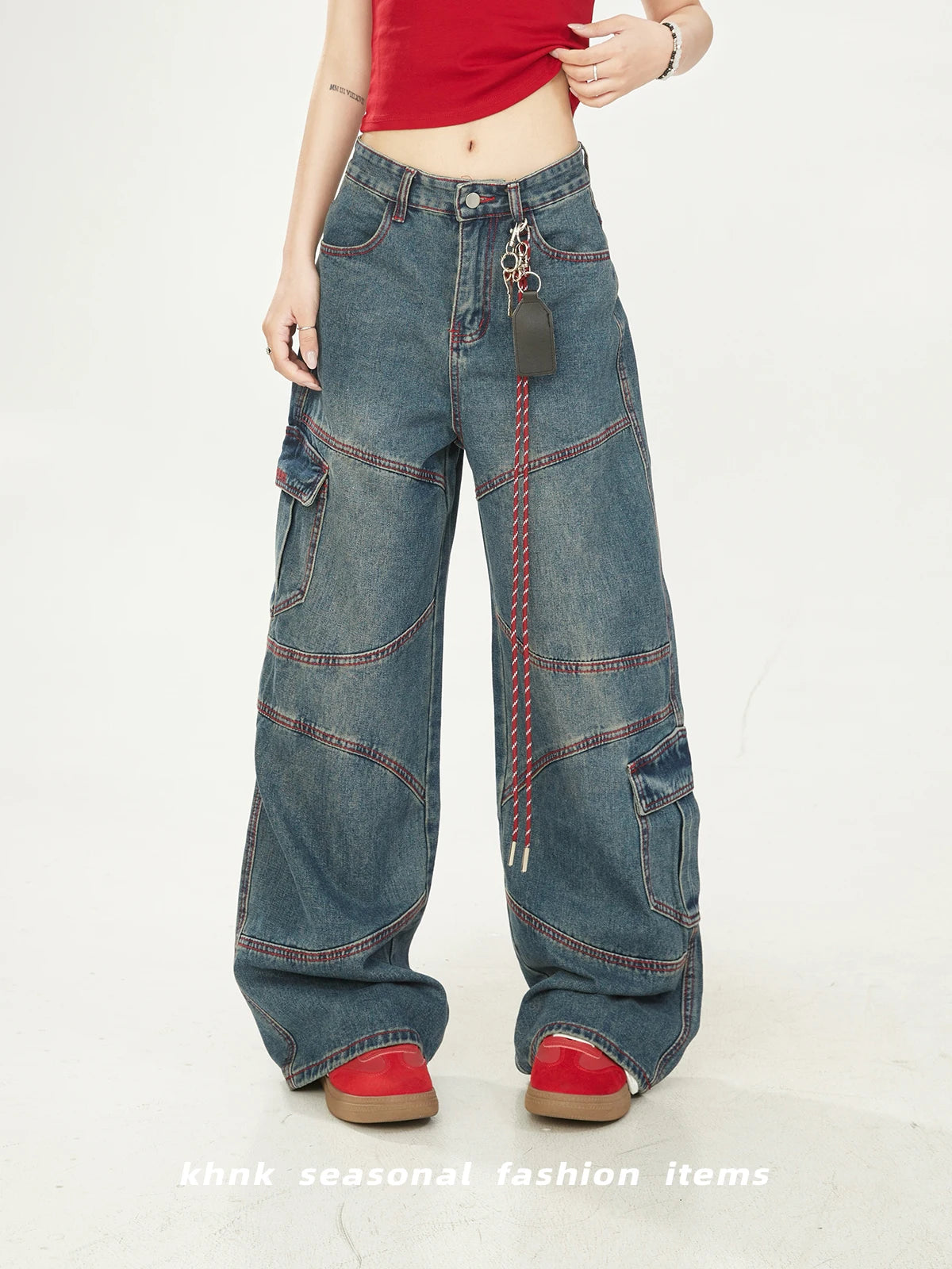 Washed Vintage American High Street Loose Women's Jeans with Patchwork And Stitching Design Casual Wide Leg Workwear Trousers