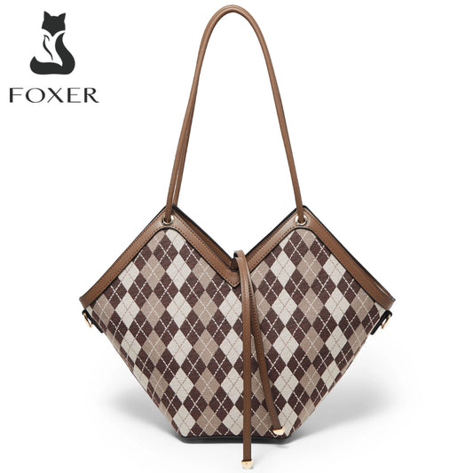 FOXER Brand Chic Women's Shoulder Bag 2026 New Spring Summer Luxury Design Female Handbag Purse Fashion Large Plaid Tote Bag