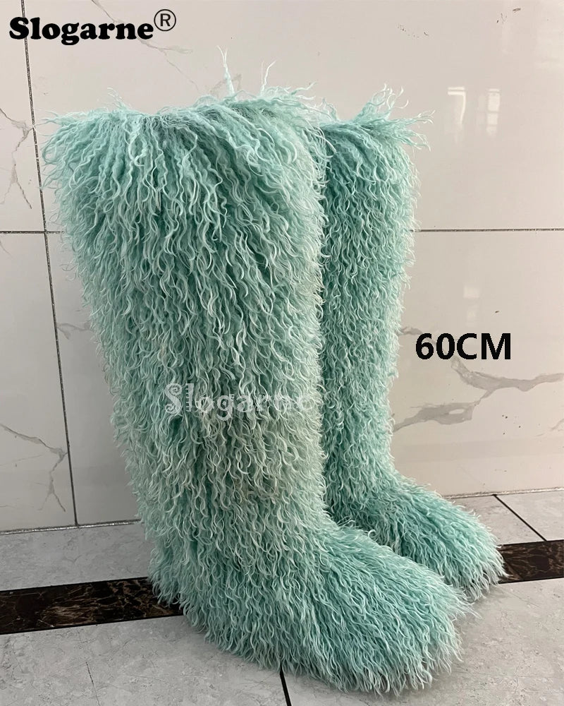 New Over The Knee Fur Boots Women Warm 72CM Long Faux Mongolian Fur Snow Boots Winter Luxury Fluffy Shoes Plush Platform Shoes