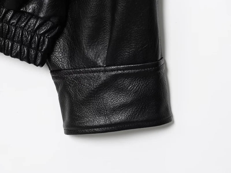 HXAO Women's Faux Leather Jacket Short Coat Black Bomber Jackets For Woman Loose Winter Outerwear High Neck Aviator Jackets