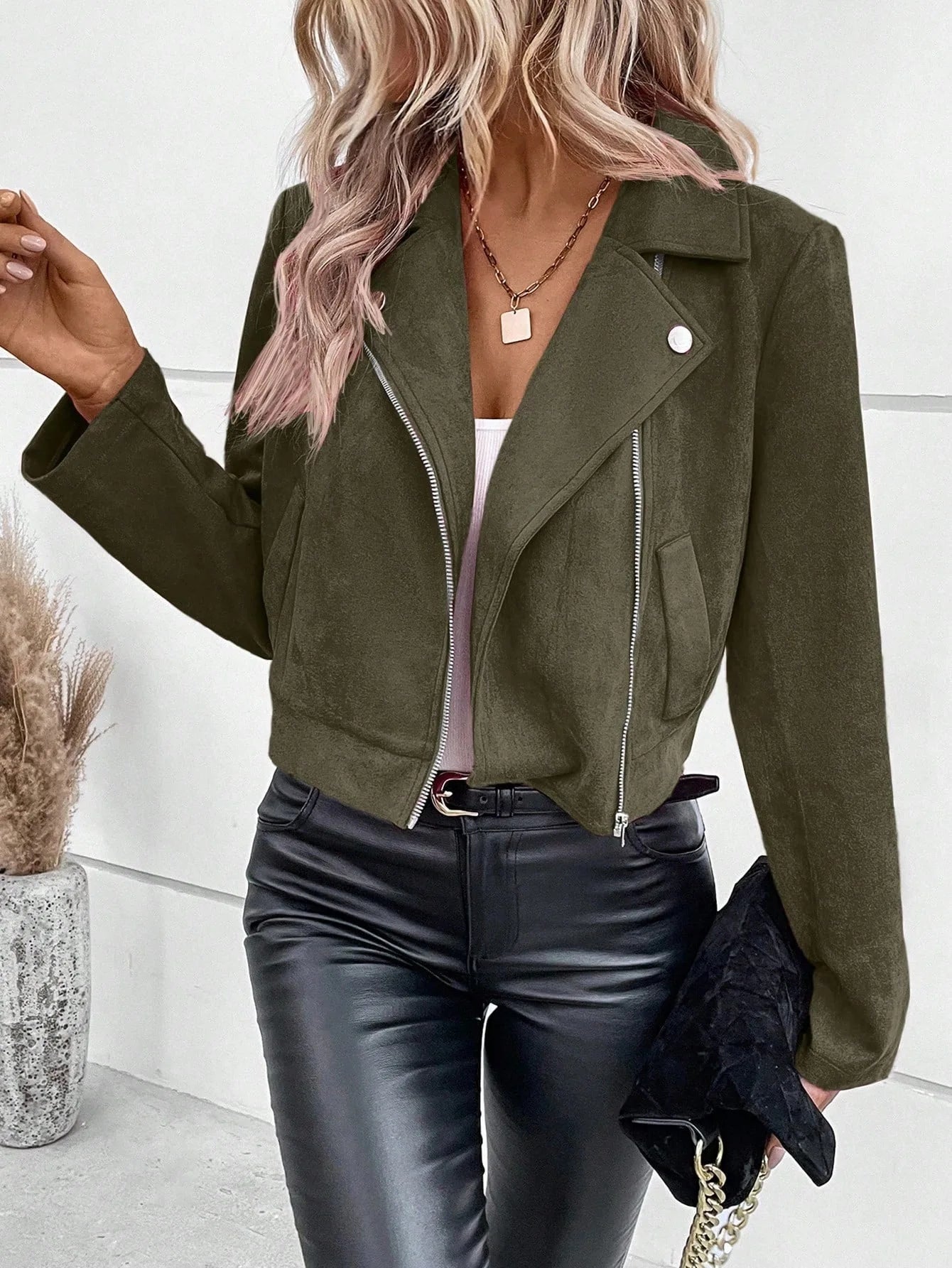 Women's Suede Faux Leather Jacket Autumn Zip-Up Moto Short Coat Lapel Collar Slim Fit Winter Outer Streetwear Casual Wear