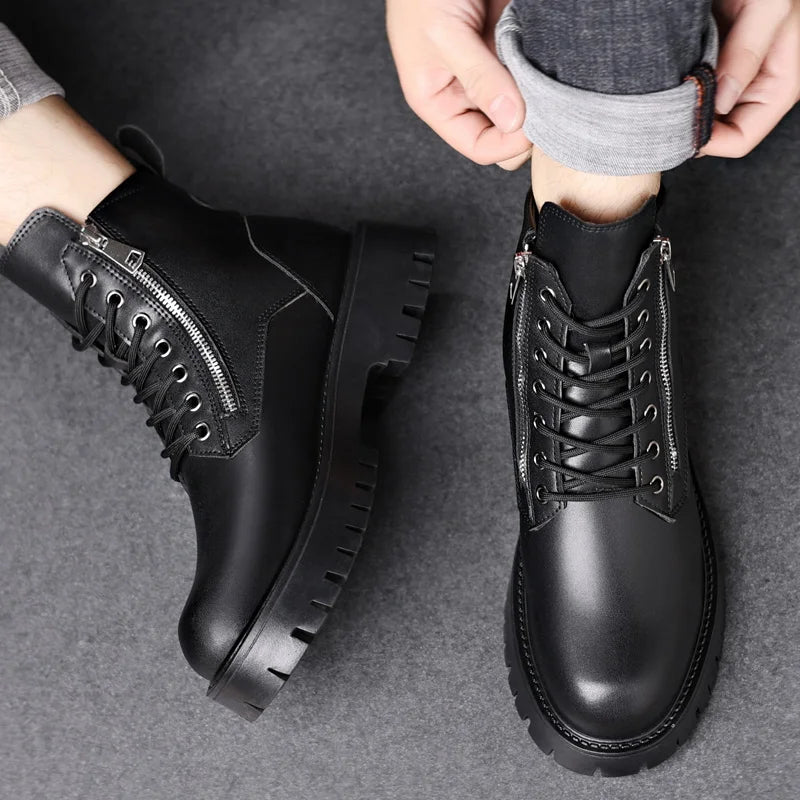 Motorcycle Boots Men's High Top Boots High Quality Mens Leather Shoes Fashion Outdoor Sneakers Men Lace Up Non-Slip Ankle Boots