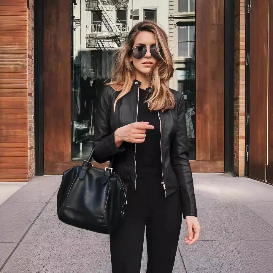 Autumn and Winter New Fashion Black Leather PU Suit Jacket Women Tops Zipper Stand Collar Slim Fit Casual Short Jacket for Women