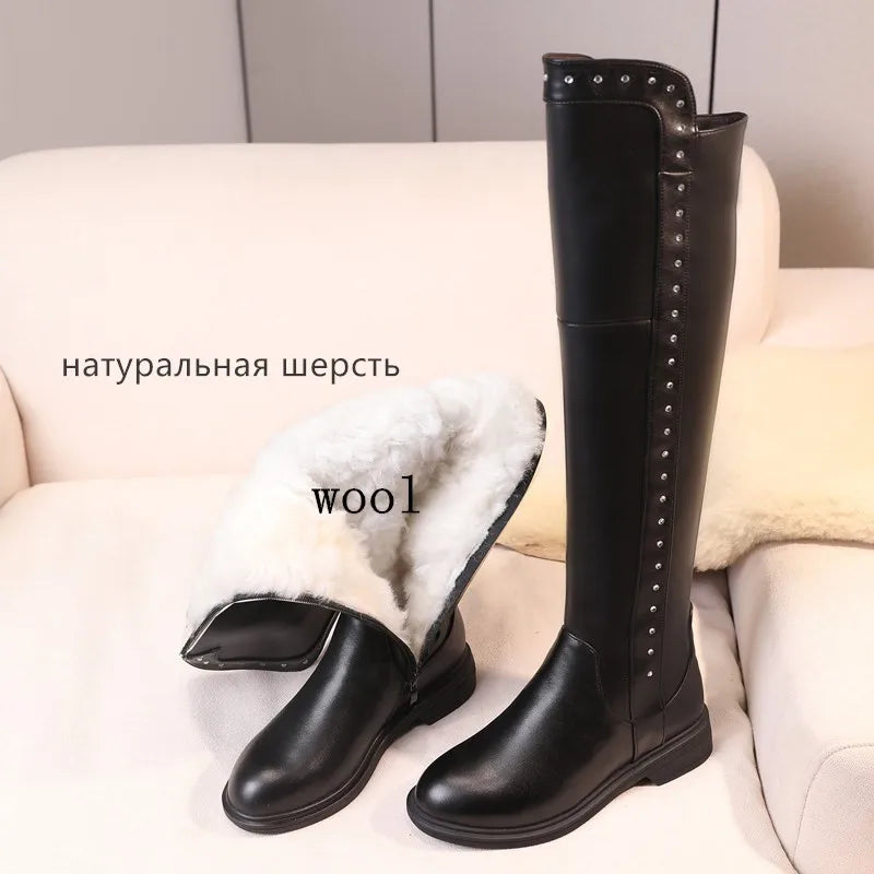 Women Over The Knee Boots Winter Natural Wool Warm Genuine Leather Ladies Knee Boots Large Size Non-slip Snow Boots Women