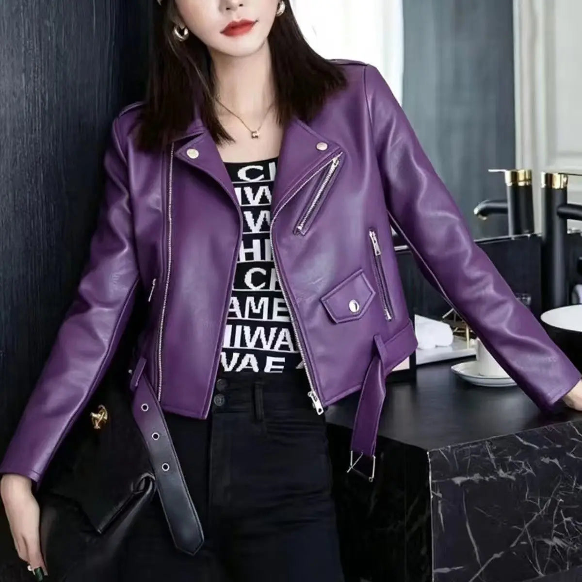 2026 autumn winter new women's PU leather jacket locomotive suit Maillard lapel large size women's leather jacket jacket women