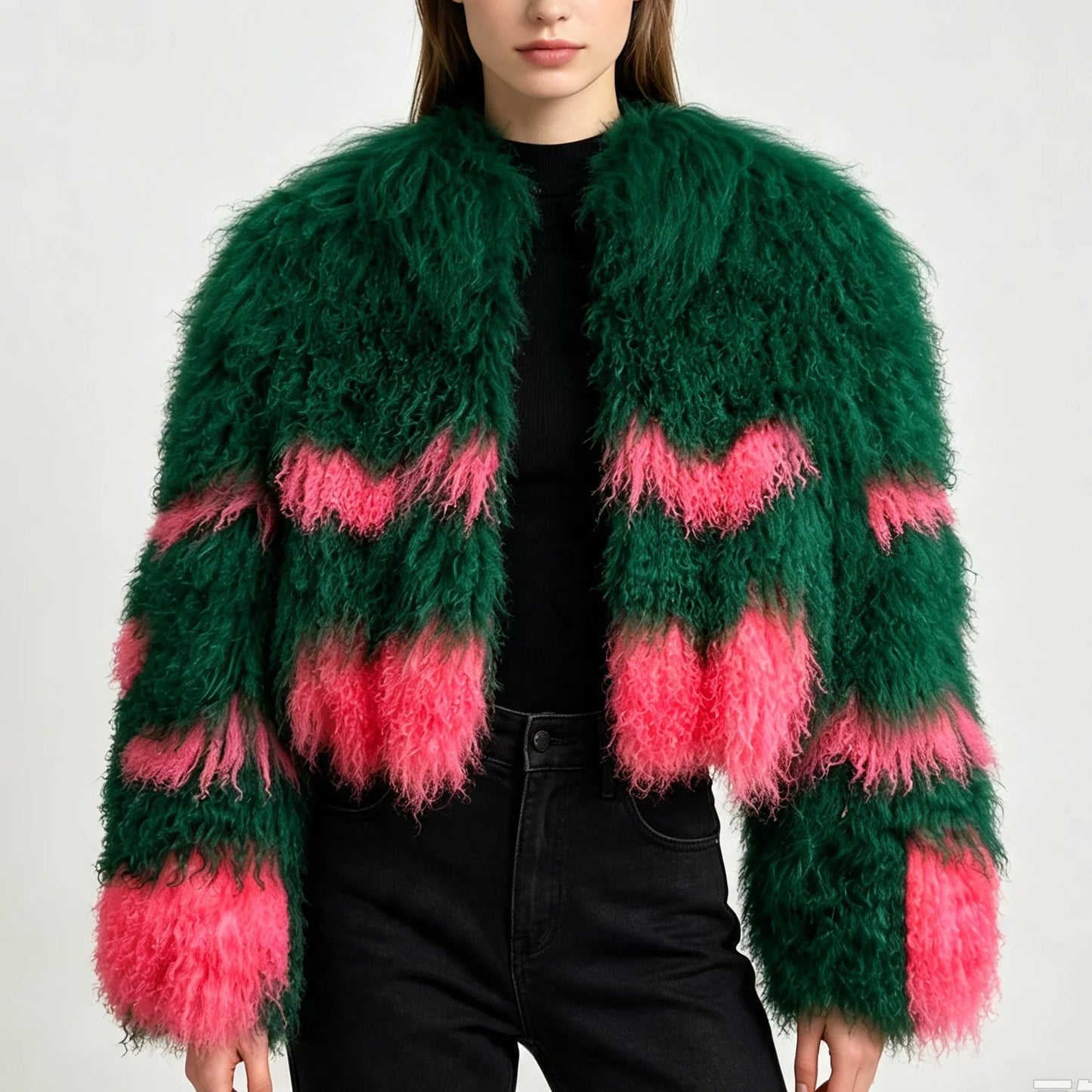 Aulande New Women Winter 100% Real Fur Mongolian Sheepskin Coats Short  40 CM Standing Coller Fashion High Quality Sheep Jacket