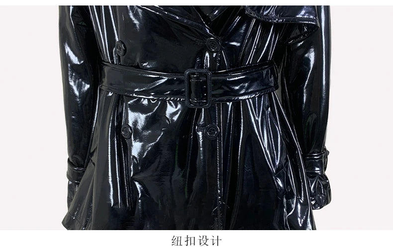 Nerazzurri Spring Autumn Oversized Thin Shiny Reflective Patent Leather Trench Coat for Women Double Breasted European Fashion