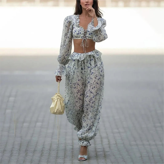 Summer Floral Trousers Set Comfortable Street Style Long-sleeved Waist-revealing Lace-up Top Wide-leg Trousers Two-piece Set
