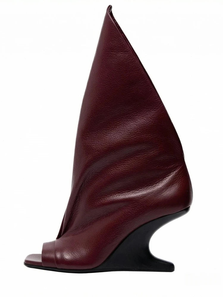 Runway Style Women Peep Toe Tall Boots Sculptural Wedge Heel Draped Pleated Upper Trendy Evening Statement Fashion Footwear