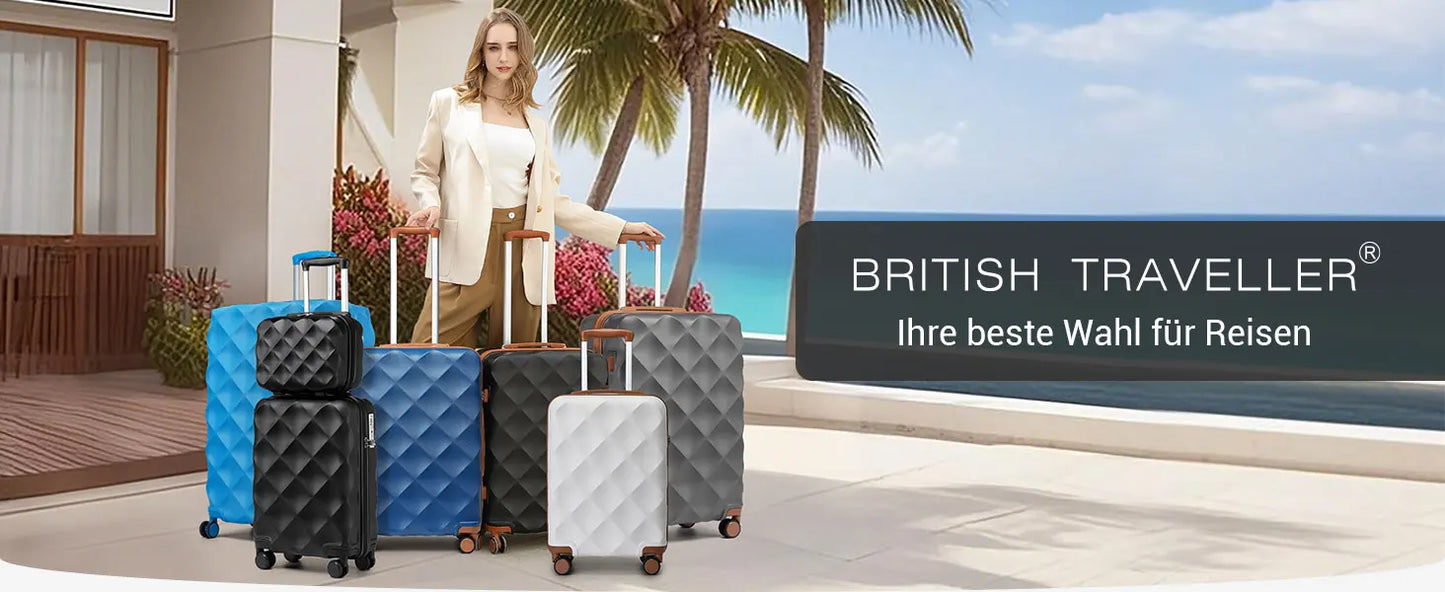 British Traveler 2 Piece Luggage Set | Cabin Case with TSA Lock & Toilet bag | 4 Double Rollers | 31 + 54 cm