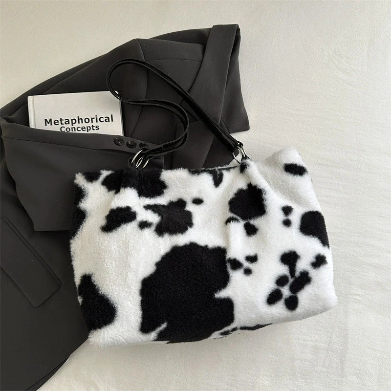 Cow Pattern Plush Shoulder Bag for Women Winter Fashion Purse Handbags Soft Warm Fur Female Casual Messenger Bags