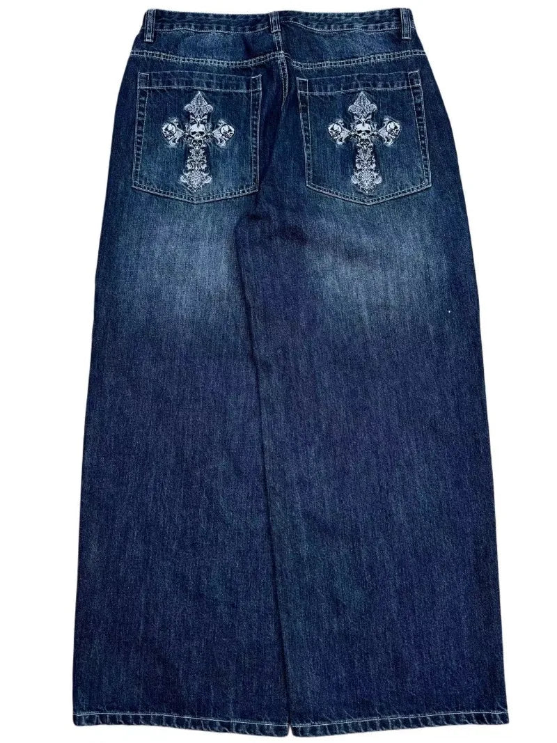 European and American vintage wash do old jeans men Y2k street fashion pocket cross embroidery wide leg pants Punk trend pants