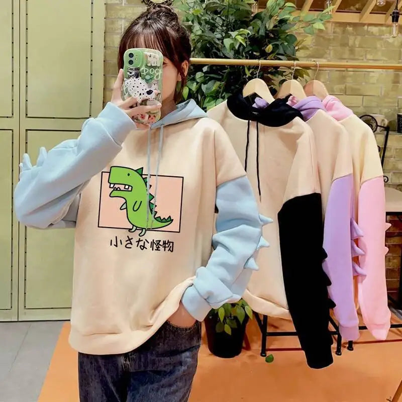 Y2K Style Women Dinosaur Hoodies Cute Horns Hooded Sweatshirts Autumn Winter Hawaii Pullovers Halloween Teenager Matching Wear
