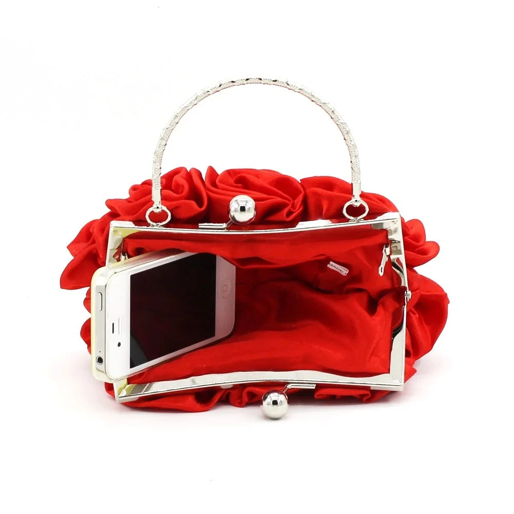 Satin Flower Clutch Bags For Women Banquet Party Evening Bags Metal Handbags Retro Blue Silver Black Chain Shoulder Bag female