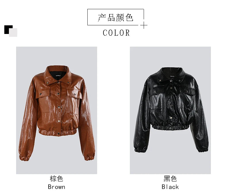 Mauroicardi Spring Autumn Short Black Brown Crocodile Print Faux Leather Jacket Women Stand Collar Button Up Luxury Clothes 2025