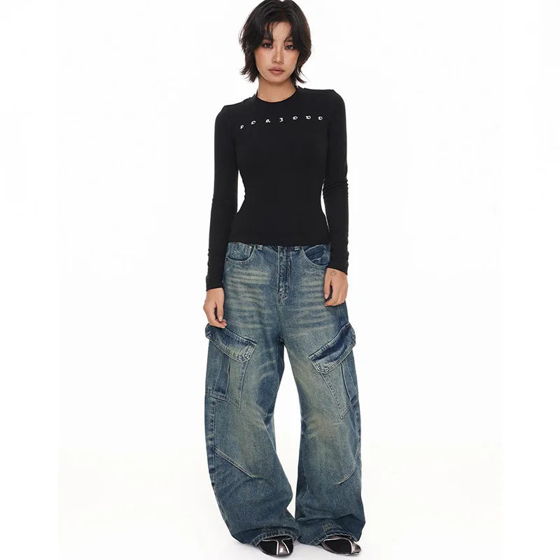 Fashionable Casual Multi Pocket Curved Jeans Men'S And Women'S Micro Flared Wide Leg Pants Straight Leg Workwear Pants