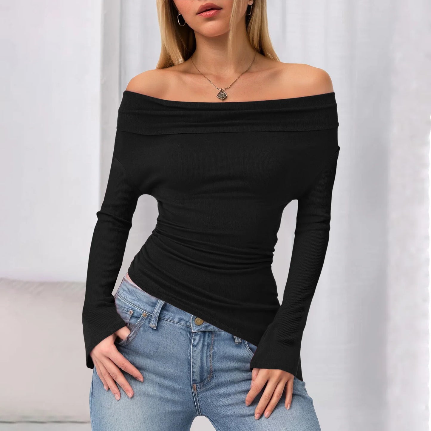 Y2k Aesthetic Simple Fashion Women's Tee Shirts Slash Neck Long Sleeve Solid Casual T-Shirts Vintage Off Shoulder Trendy Tshirts