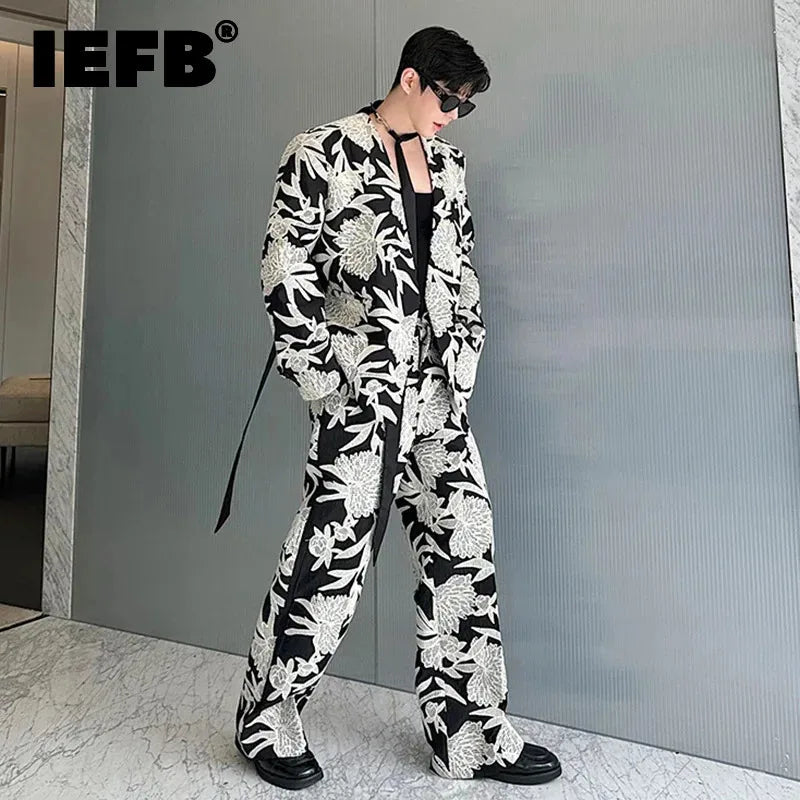IEFB Niche Design Men's Two-piece Collarless Embroidery Blazer Loose Straight Suit Pants Contrast Color Male Sets New 9C7485