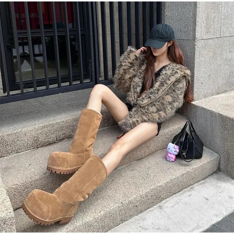 Fashionable Snow Boots Platform Elevating Warm Cotton Shoes Warm Big Head Design Long Boots Ladies All-over Brown Long Boots